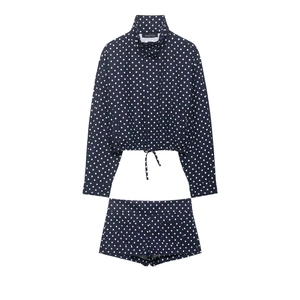 Ensemble Deux Pièces Décontracté en Polyester à Pois pour Femmes Haut à Manches Longues avec Col Montant et Short avec Cordon de Serrage