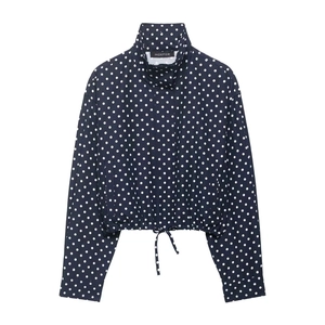 Veste à manches longues bleu marine à pois avec col montant et ourlet à cordon réglable