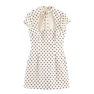 French style white short dress with black polka dots, bow tie neck and cutout design