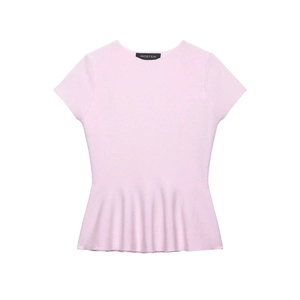 Damen Casual Slim Fit Schößchen Strickoberteil Rundhalsausschnitt Kurzarm Einfarbig Weich Strickpullover Sommerhemd Rosa