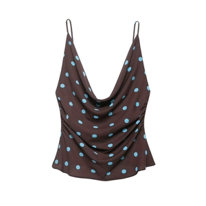Brown vintage cowl neck camisole with blue polka dots and side ruching detail