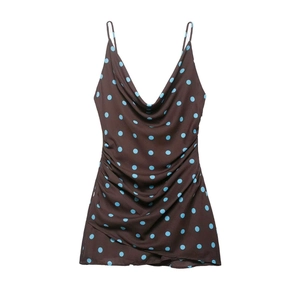 Women Vintage Polka Dot Cowl Neck Camisole Dress Summer Sexy Ruched Spaghetti Strap Slim Fit Brown Blue Mini Dress Party Wear
