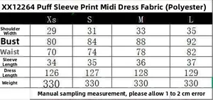 Detailed size chart for the puff sleeve floral midi dress with fabric and measurements