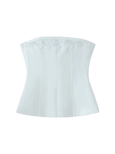 Detailed view of light blue bustier top with corset seams and side zipper closure