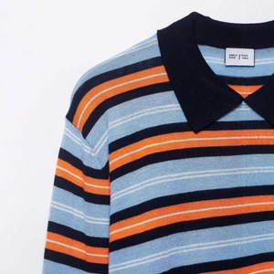 Short-sleeve knit polo shirt with blue and orange horizontal stripes and black collar