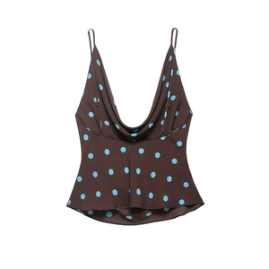 Detail of cowl neck brown camisole with blue polka dots and thin adjustable straps
