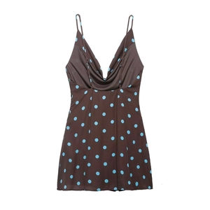 Vintage brown mini slip dress with blue polka dots and sexy cowl neck for summer