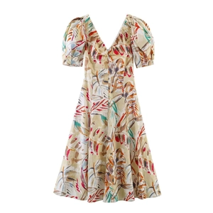 Elegant Women Puff Sleeve V Neck Printed Midi Dress Summer Floral Tropical Leaf Pattern Slim Fit Waist Cinched Casual Dress