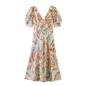 Women's V-neck puff sleeve midi dress with vibrant abstract print for summer