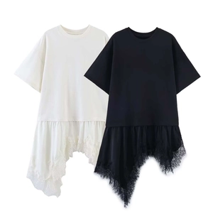 Women's summer short sleeve T-shirt with irregular lace patchwork in black and white