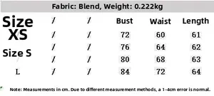 Detailed size guide table for women's layered mini dress with fabric and weight info