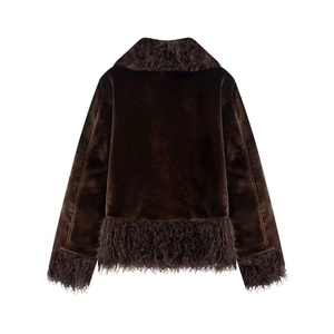 Women's brown velvet jacket with fluffy faux shearling trim on collar and cuffs back view