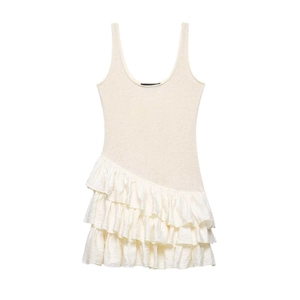 Women Sleeveless Round Neck Ruffle Hem Dress Layered Tiered Patchwork Minimalist Slim Fit Knit Texture Mini Dress Summer