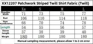 Size chart for women loose striped patchwork poplin shirt with detailed measurements