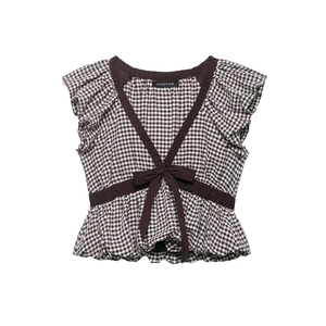 Women Vintage Gingham Peplum Top With Bow Tie Ruffle Short Sleeve Brown White Plaid Summer Casual Blouse For Lady
