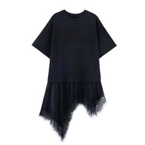 Women's black short sleeve T-shirt featuring asymmetric lace hem and round neckline