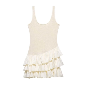 Minimalist cream layered sleeveless dress with asymmetric tiered ruffles for women