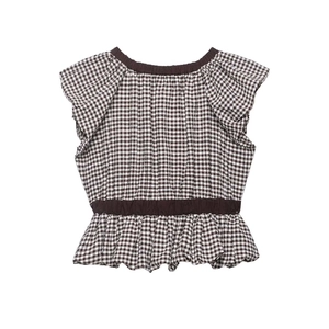 Brown gingham peplum top with ruffle sleeves and elastic waist for women