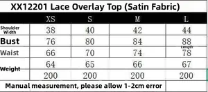 Size chart for satin patchwork lace camisole top showing XS to L measurements