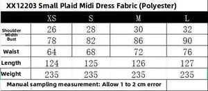 Detailed sizing chart for women's small plaid midi dress showing measurements from XS to L