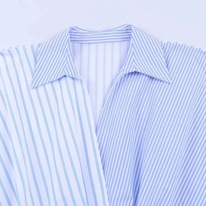 Women's light blue and white striped poplin shirt with a classic V-neck and turn-down collar