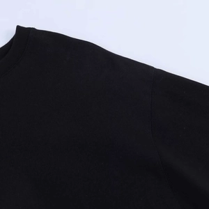 Close-up of black crewneck t-shirt with ribbed collar and high-quality cotton texture