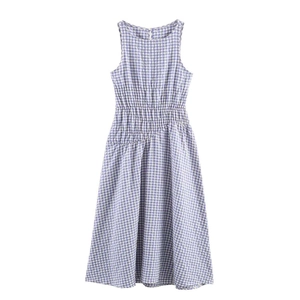 Women's Sleeveless Gingham Midi Dress Smocked Waist A-Line Round Neck Plaid Summer Casual Elegant Polyester Sundress