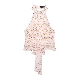 Haut licou à pois pour femmes avec volants superposés et design élégant blanc et rose