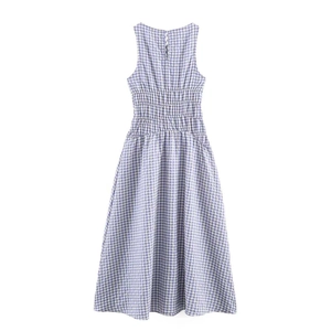 Purple gingham sleeveless midi dress with smocked waist and elegant A-line silhouette