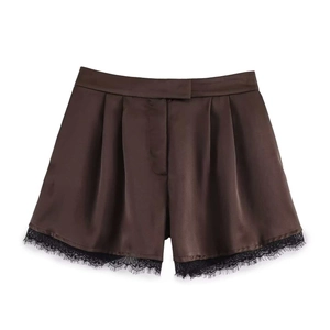 Women High Waisted Satin Shorts With Black Eyelash Lace Trim Dark Brown Casual Summer Spliced Pleated Shorts Bottoms