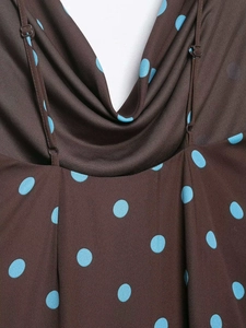Detail of cowl neck on brown dress with blue polka dots and adjustable thin straps