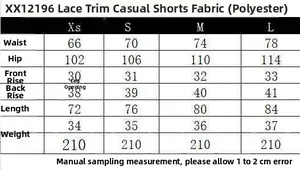 Size chart for black lace patchwork polyester shorts showing waist and hip measurements