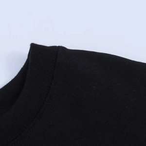 Close-up of ribbed crew neck and clean shoulder stitching on black cotton T-shirt