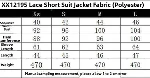 Detailed size chart for black lace short blazer showing measurements from XS to L