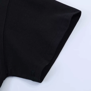 Close-up of sleeve stitching and fabric texture on a black short sleeve T-shirt