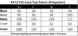 Size chart for lace satin camisole showing measurements in cm for sizes XS to L