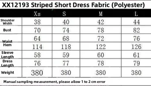 Size chart for women's V-neck sleeveless striped mini dress with detailed measurements