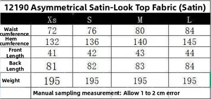 Size chart for asymmetric satin camisole top with waist and length measurements