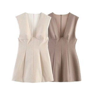 Summer Elegant Sleeveless Deep V Neck Striped Mini Dress For Women Slim Fit Pleated Commuting A-Line Fashion Dress