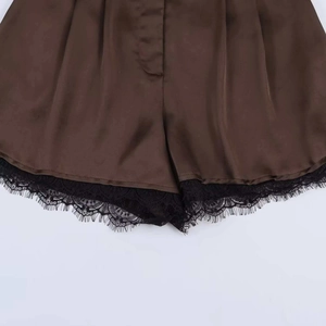 Women's satin high-waisted shorts in deep brown with delicate black eyelash lace trim