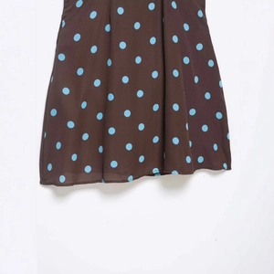 Retro brown summer dress with sky blue polka dots on smooth woven fabric