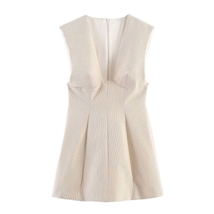 Chic beige sleeveless V-neck mini dress with ribbed texture and back zipper closure