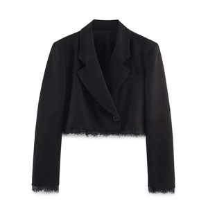 Women's black cropped blazer with elegant lace patchwork hem and sleeves in a sleek design