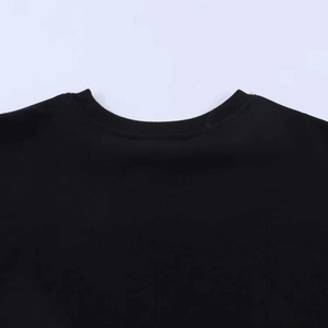 Close-up detail of ribbed neckline and cotton fabric texture on black short sleeve T-shirt