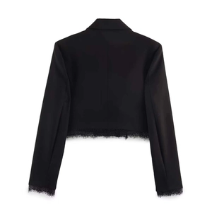Back view of a black cropped blazer with elegant eyelash lace trim and clean tailoring
