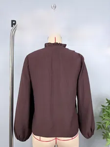 Rear view of brown chiffon blouse showing layered ruffle collar and cuffed lantern sleeves
