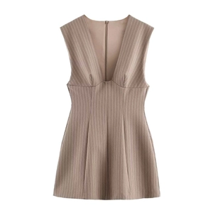 Women's V-neck sleeveless brown pleated mini dress with a fitted waist and elegant back zipper