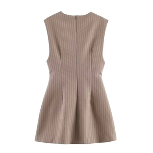 Brown sleeveless A-line mini dress with vertical stripes and hidden back zipper
