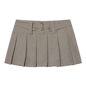 Women Vintage Brown Houndstooth Pleated Mini Skirt High Waist A-Line Short Skirt With Buttons Preppy Style Skirt For Daily Wear