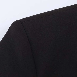 Detail view of shoulder seam and woven fabric texture on a black tailored jacket